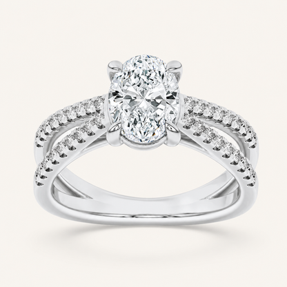2CT Oval Cut Lab Grown Diamond Cross Shank Accented Side Stone Solitaire Ring