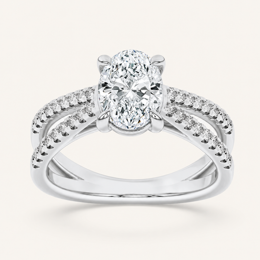 2CT Oval Cut Lab Grown Diamond Cross Shank Accented Side Stone Solitaire Ring