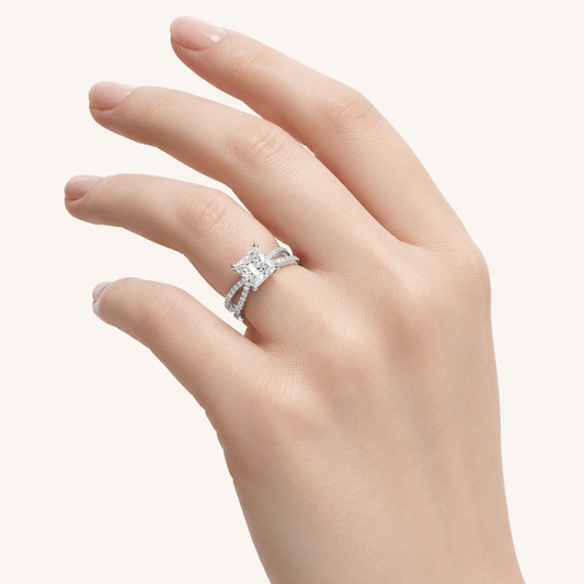 2.00 CT Princess Cut Lab Grown Diamond Cross Shank Accented Side Stone Solitaire Ring