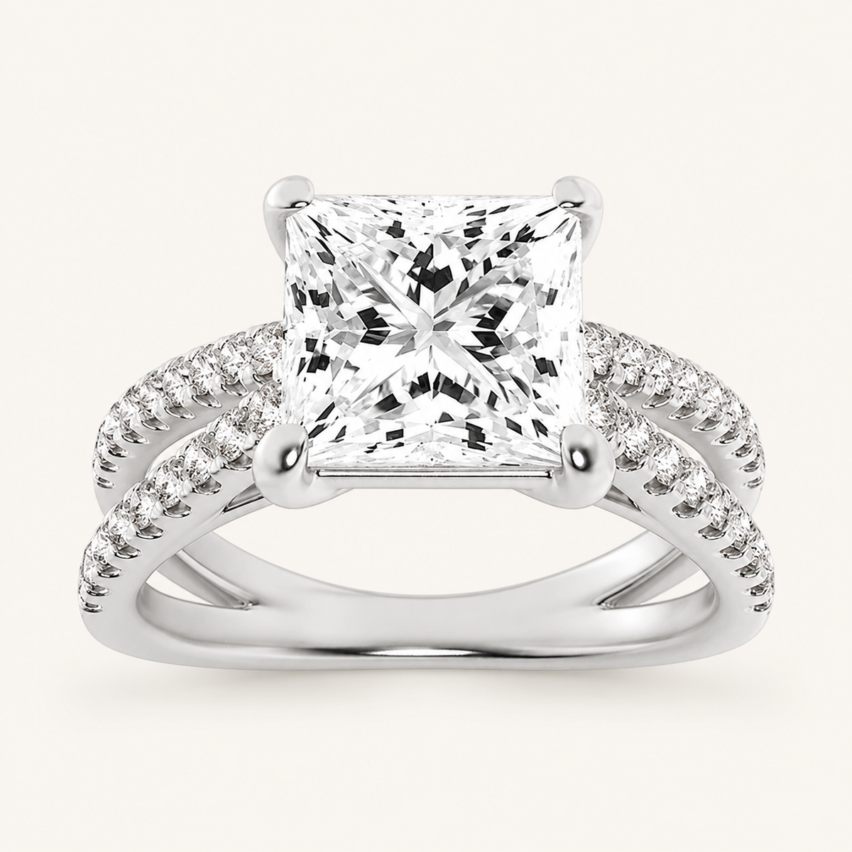 2.00 CT Princess Cut Lab Grown Diamond Cross Shank Accented Side Stone Solitaire Ring