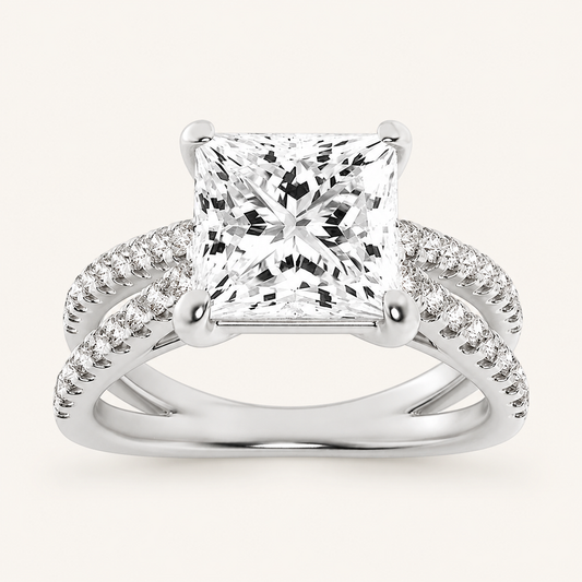 2.00 CT Princess Cut Lab Grown Diamond Cross Shank Accented Side Stone Solitaire Ring