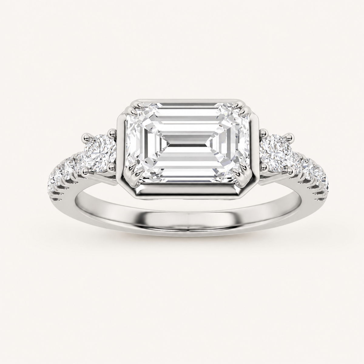 2CT Emerald Cut Lab Grown Diamond East West Accented Three Stone Ring