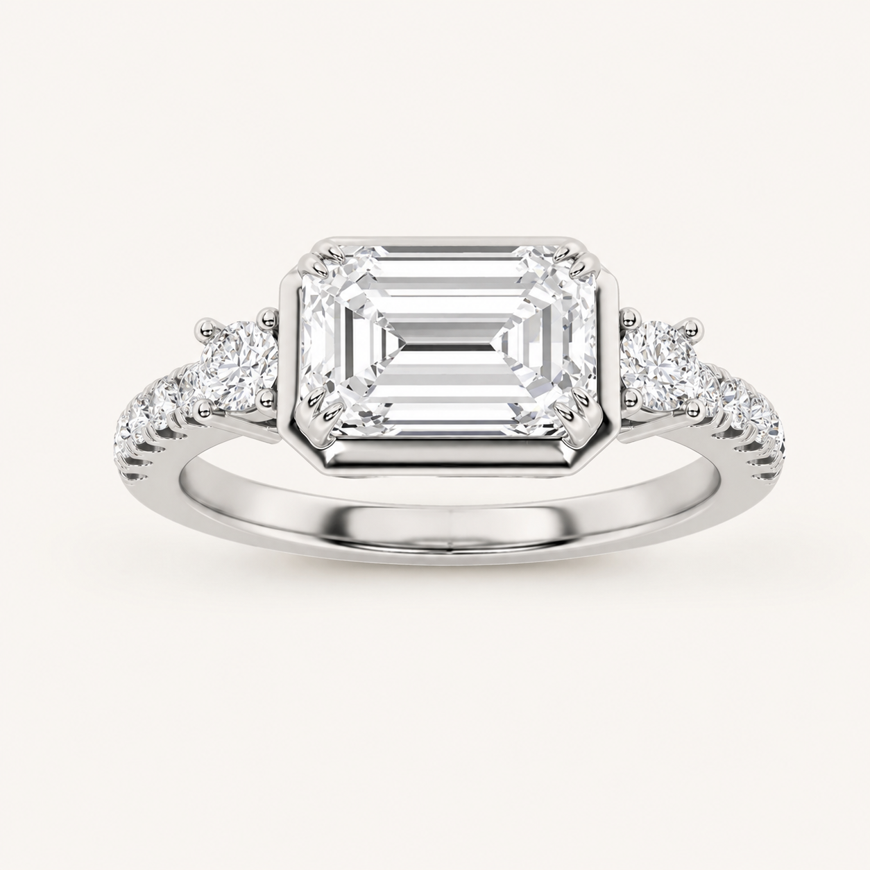 2CT Emerald Cut Lab Grown Diamond East West Accented Three Stone Ring