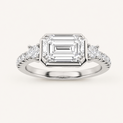 2CT Emerald Cut Lab Grown Diamond East West Accented Three Stone Ring