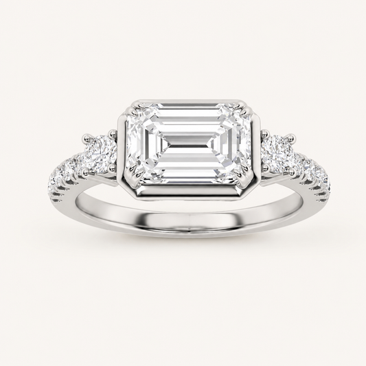 2CT Emerald Cut Lab Grown Diamond East West Accented Three Stone Ring