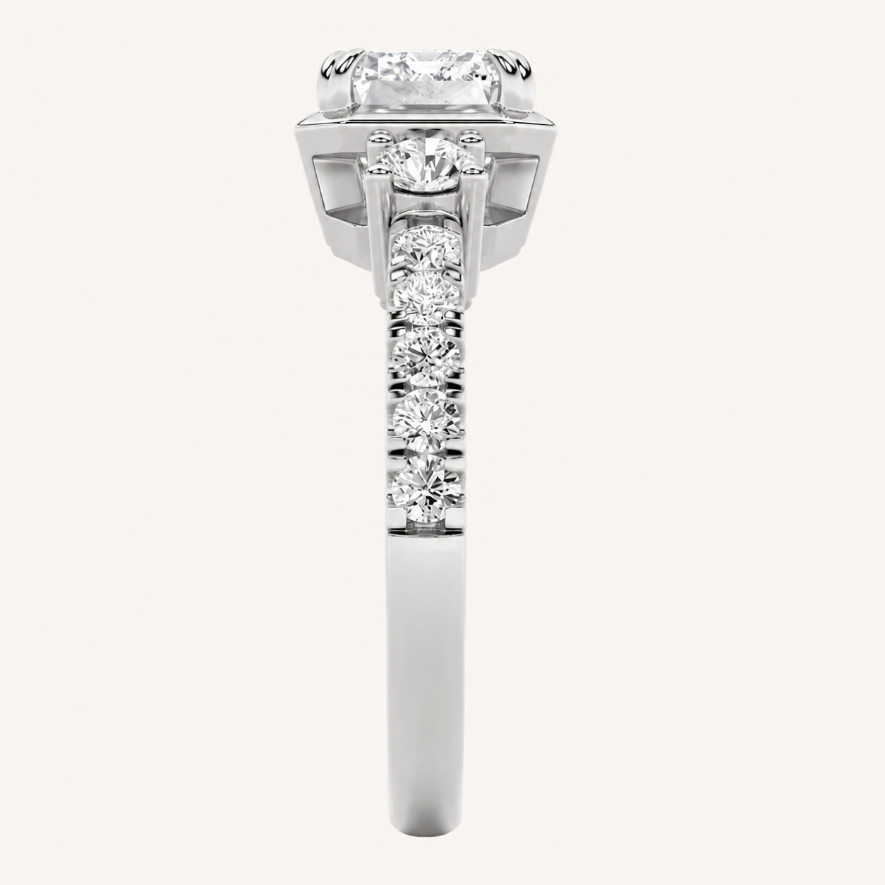 2CT Emerald Cut Lab Grown Diamond East West Accented Three Stone Ring