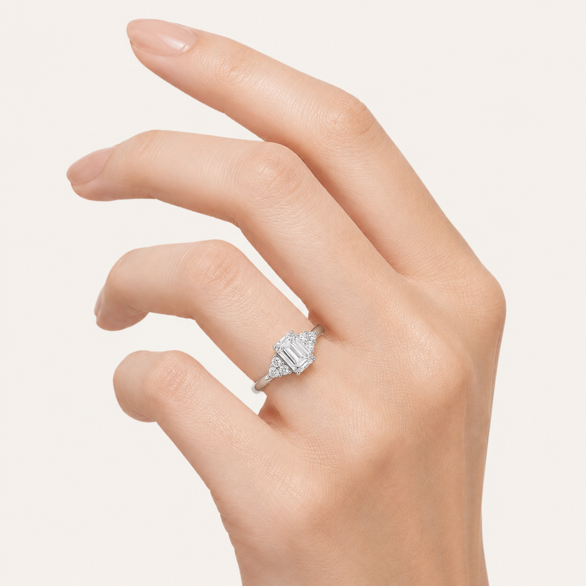 1.5CT Emerald Cut Lab Grown Diamond East West Accented Three Stone Ring