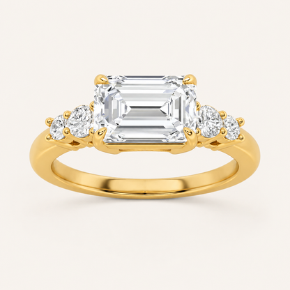 1.5CT Emerald Cut Lab Grown Diamond East West Accented Three Stone Ring