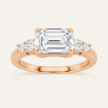 1.5CT Emerald Cut Lab Grown Diamond East West Accented Three Stone Ring