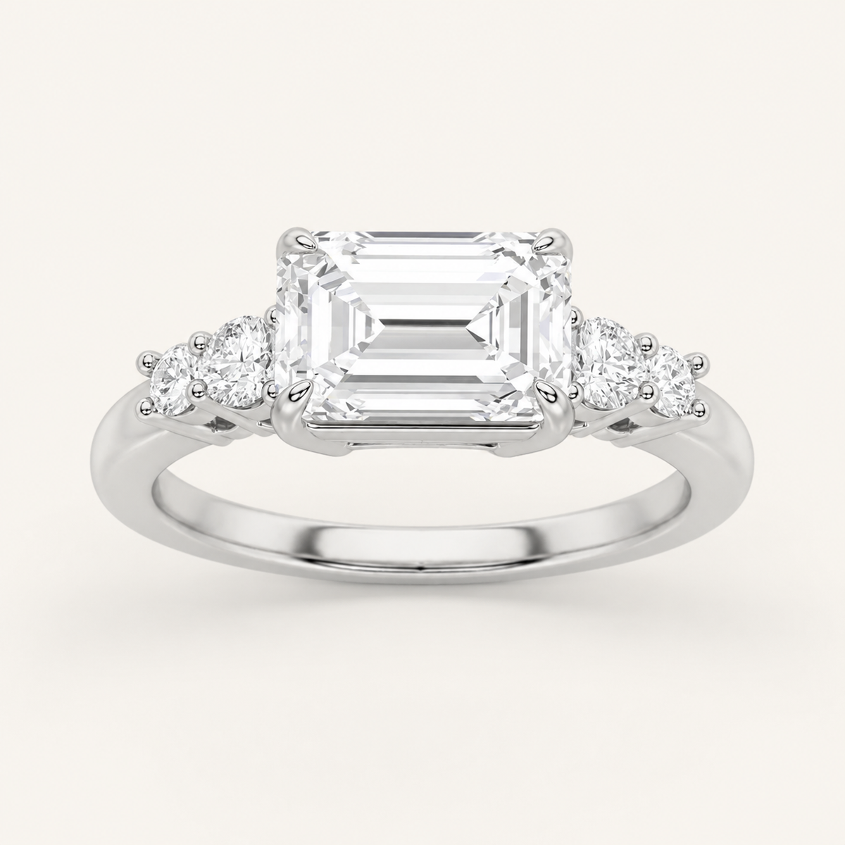 1.5CT Emerald Cut Lab Grown Diamond East West Accented Three Stone Ring