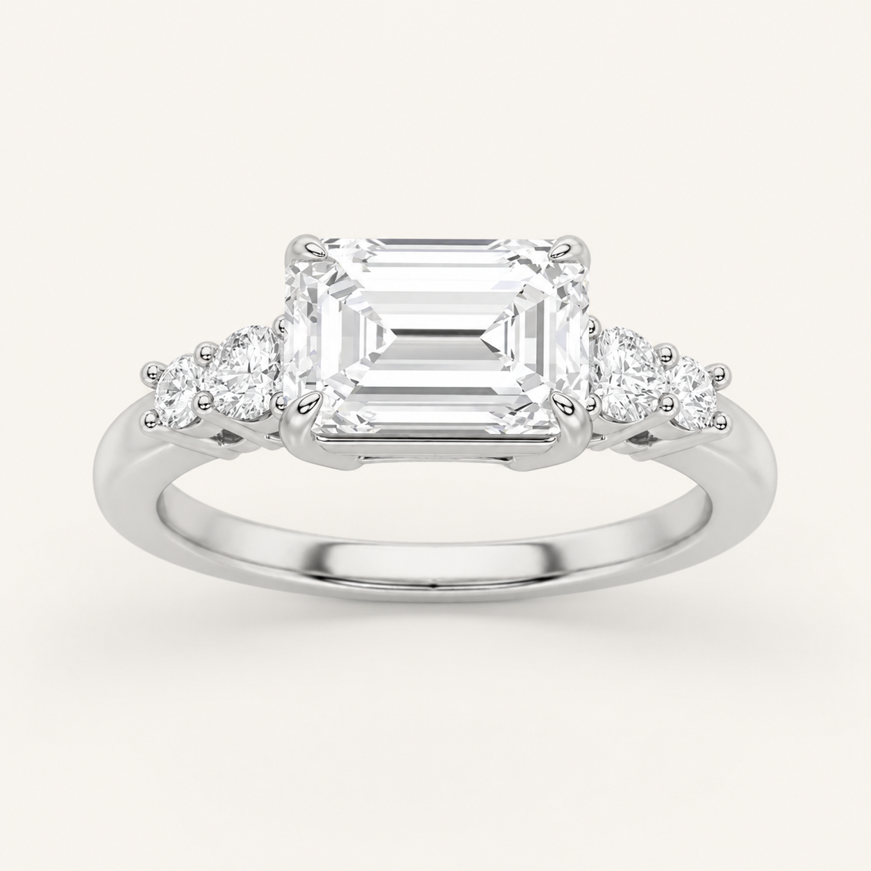 1.5CT Emerald Cut Lab Grown Diamond East West Accented Three Stone Ring