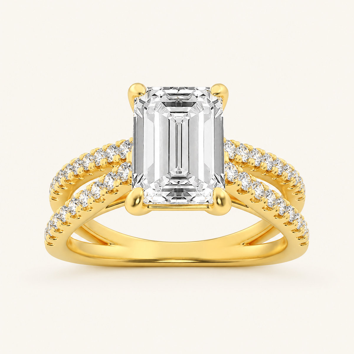 2CT Emerald Cut Lab Grown Diamond Cross Shank Accented Engagement Ring