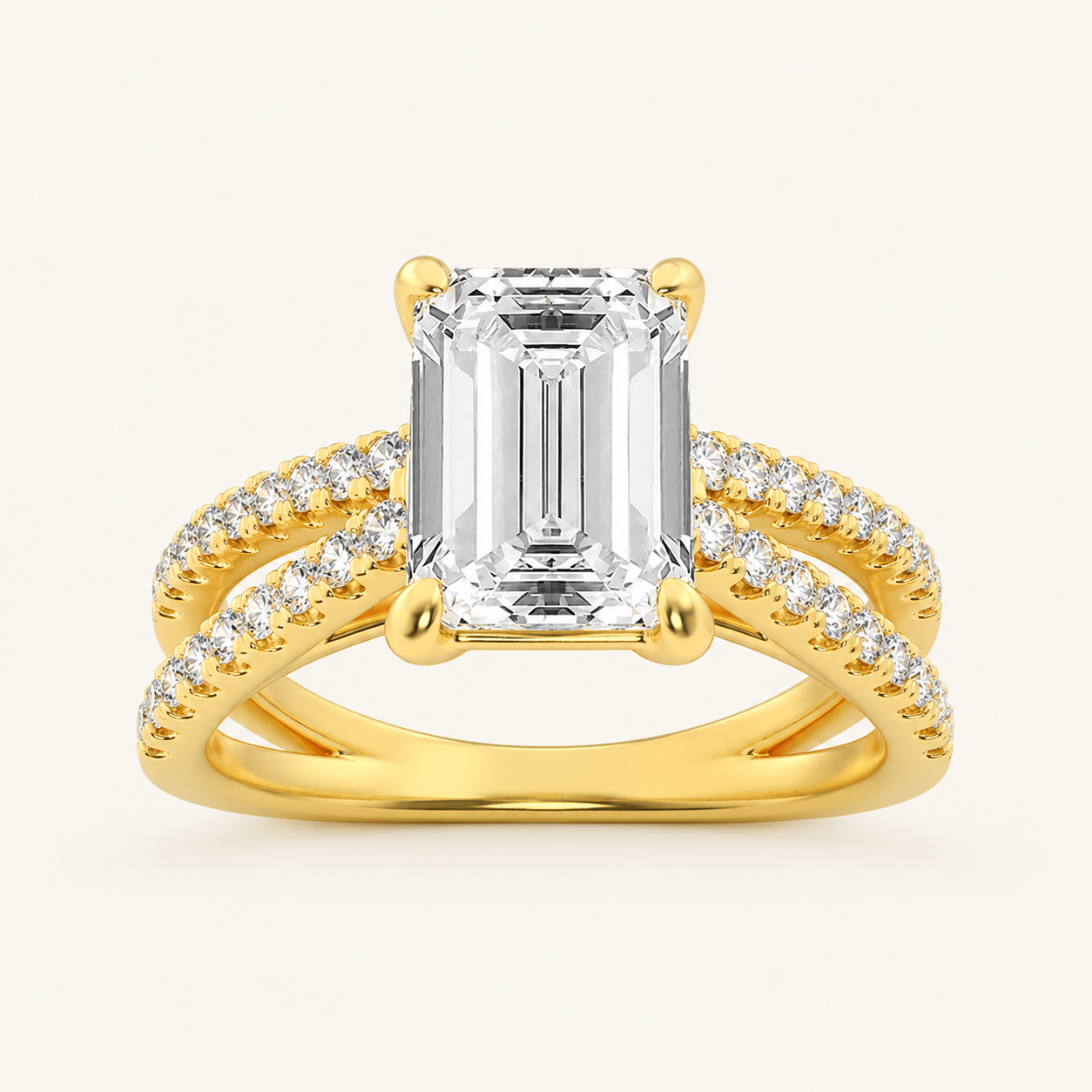 2CT Emerald Cut Lab Grown Diamond Cross Shank Accented Engagement Ring
