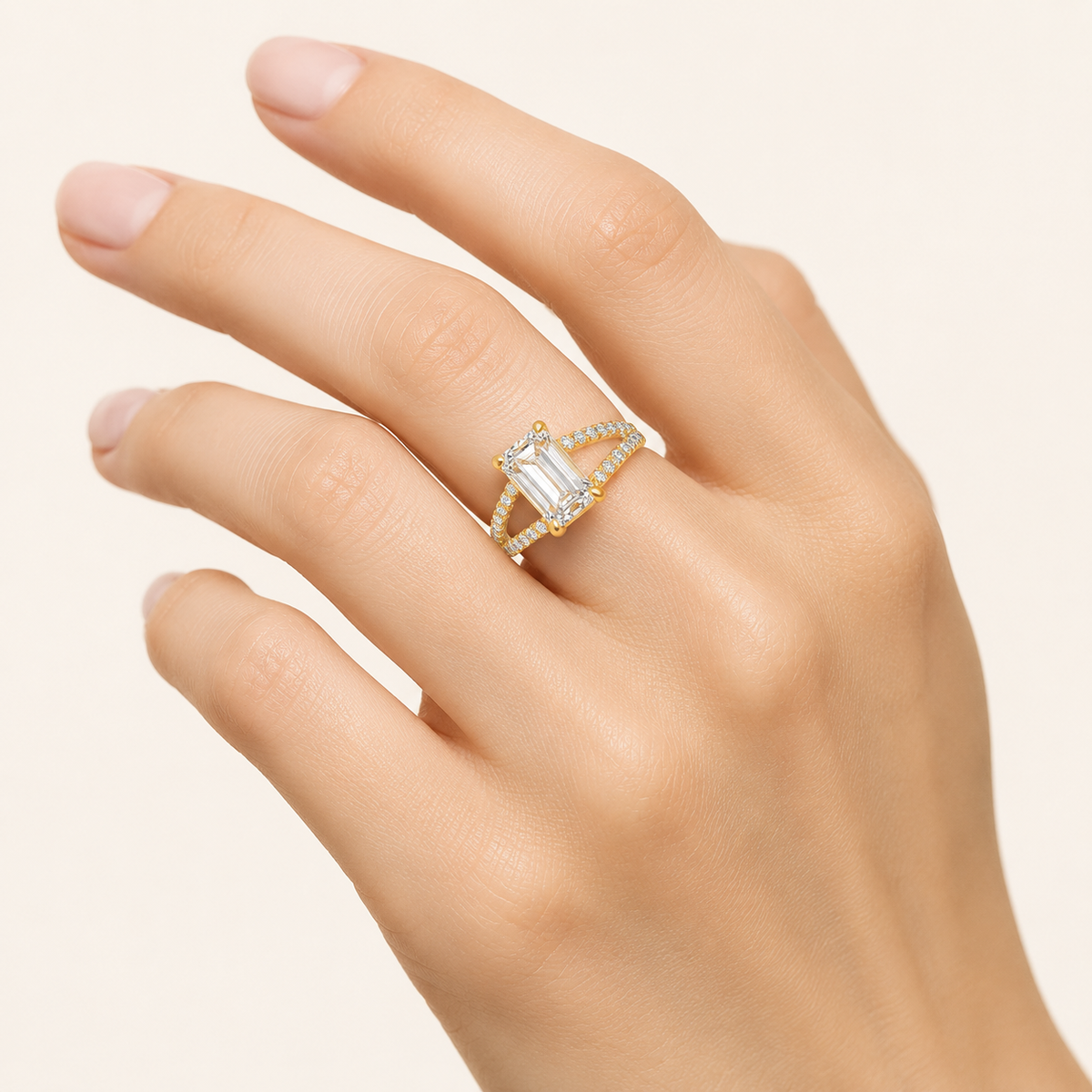 2CT Emerald Cut Lab Grown Diamond Cross Shank Accented Engagement Ring