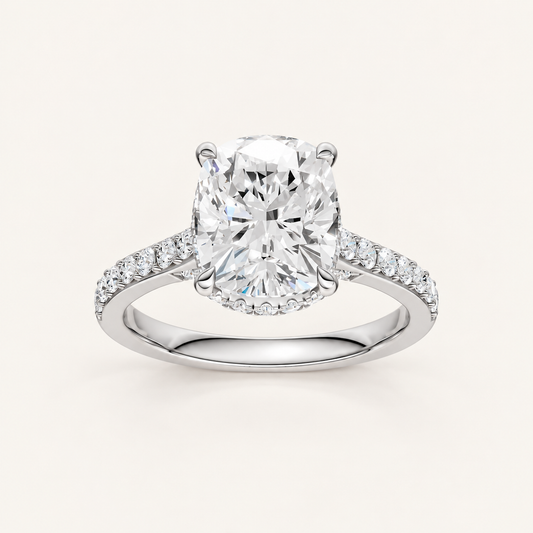 4.50CT Cushion Cut Lab Grown Diamond Hidden Halo Side Stone Ring