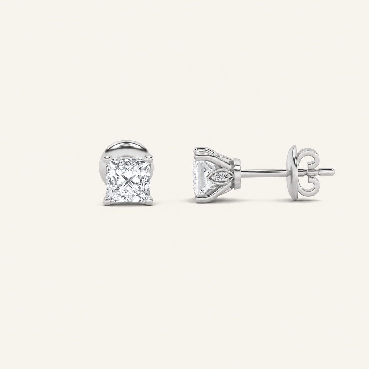 1CT Princess Cut Lab Grown Diamond Tulip Head Stud Earrings