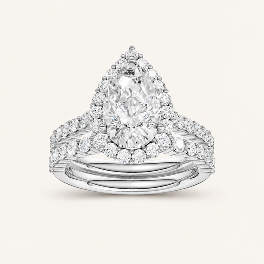 3.00CT Pear Cut Lab Grown Diamond Halo Bridal Set Ring