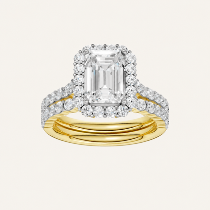 3.00CT Emerald Cut Lab Grown Diamond Halo Bridal Set Ring