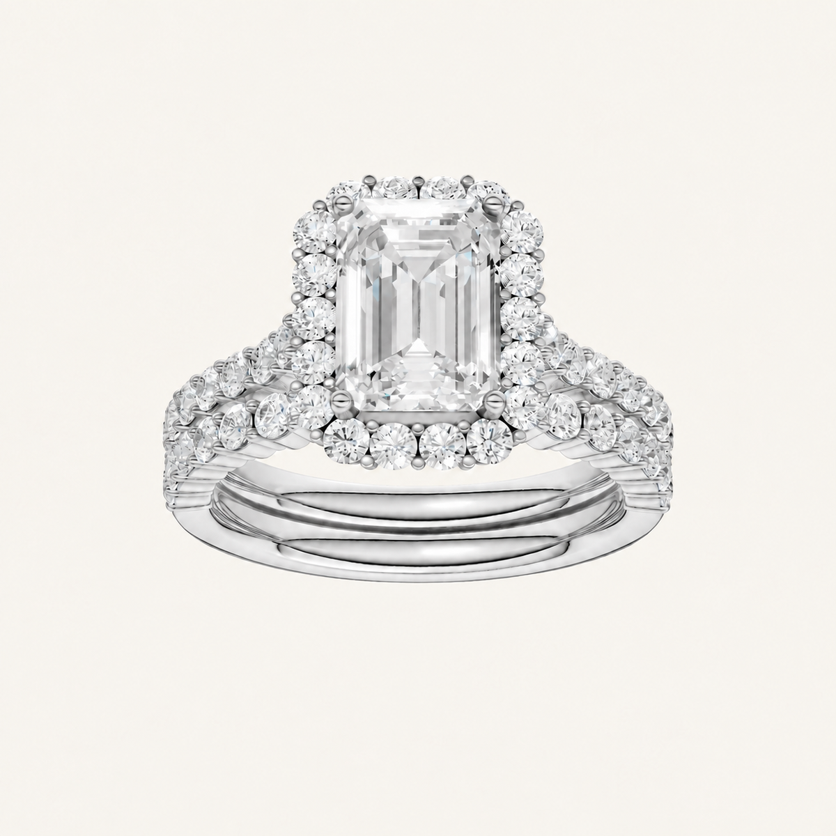 3.00CT Emerald Cut Lab Grown Diamond Halo Bridal Set Ring