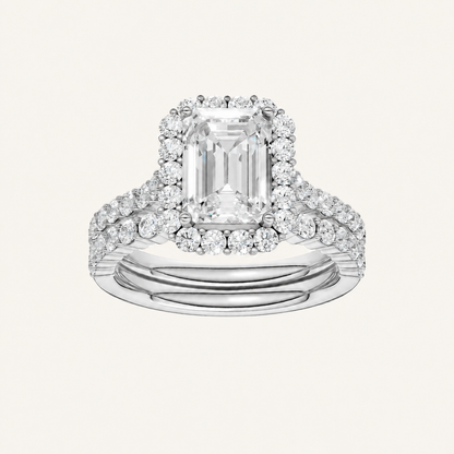 3.00CT Emerald Cut Lab Grown Diamond Halo Bridal Set Ring