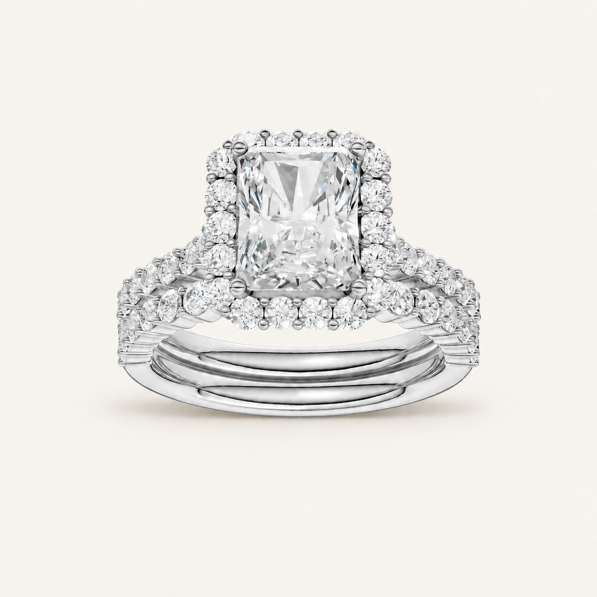 3.00CT Radiant Cut Lab Grown Diamond Halo Bridal Set