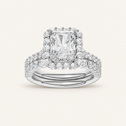 3.00CT Radiant Cut Lab Grown Diamond Halo Bridal Set