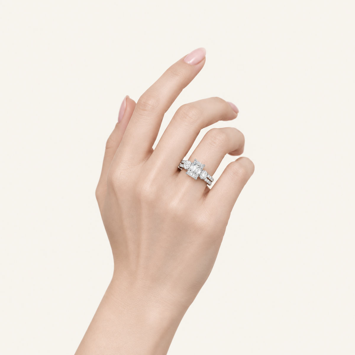 4CT Radiant Cut Lab Grown Diamond Hidden Halo Three Stone Ring