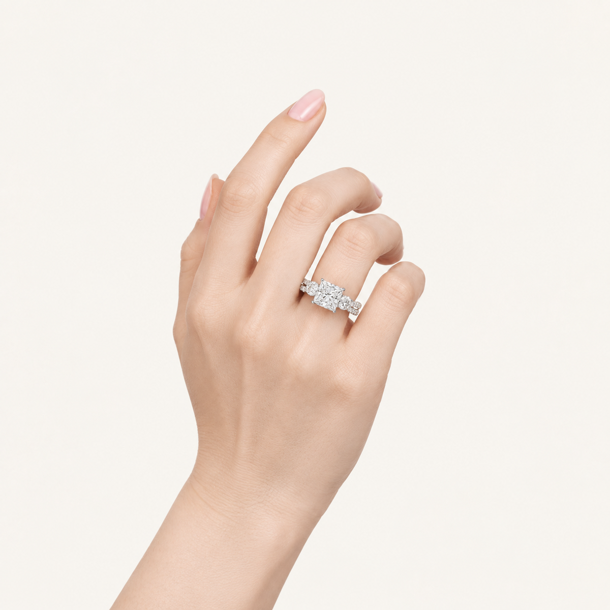 4CT Princess Cut Lab Grown Diamond Hidden Halo Three Stone Ring