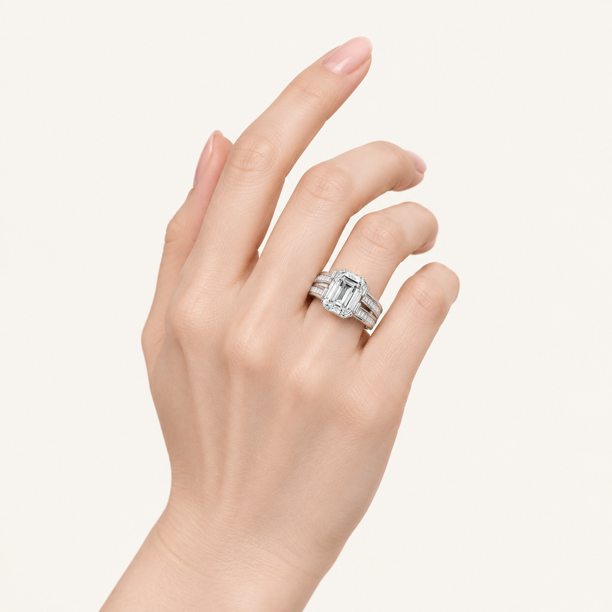 5.46CT Emerald Cut Lab Grown Diamond Side Stone Ring
