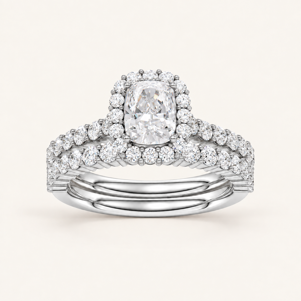 2.00CT Cushion Cut Lab Grown Diamond Halo Bridal Set