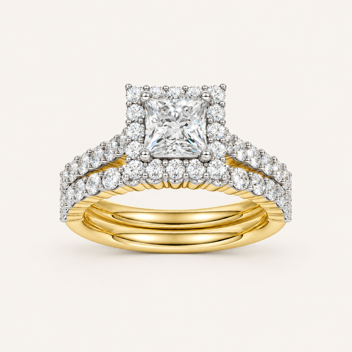 2.00CT Princess Cut Lab Grown Diamond Halo Bridal Set