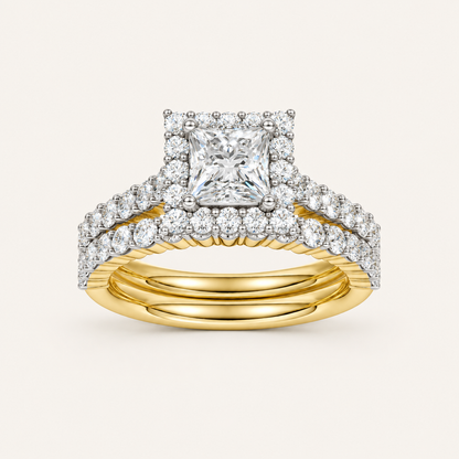2.00CT Princess Cut Lab Grown Diamond Halo Bridal Set