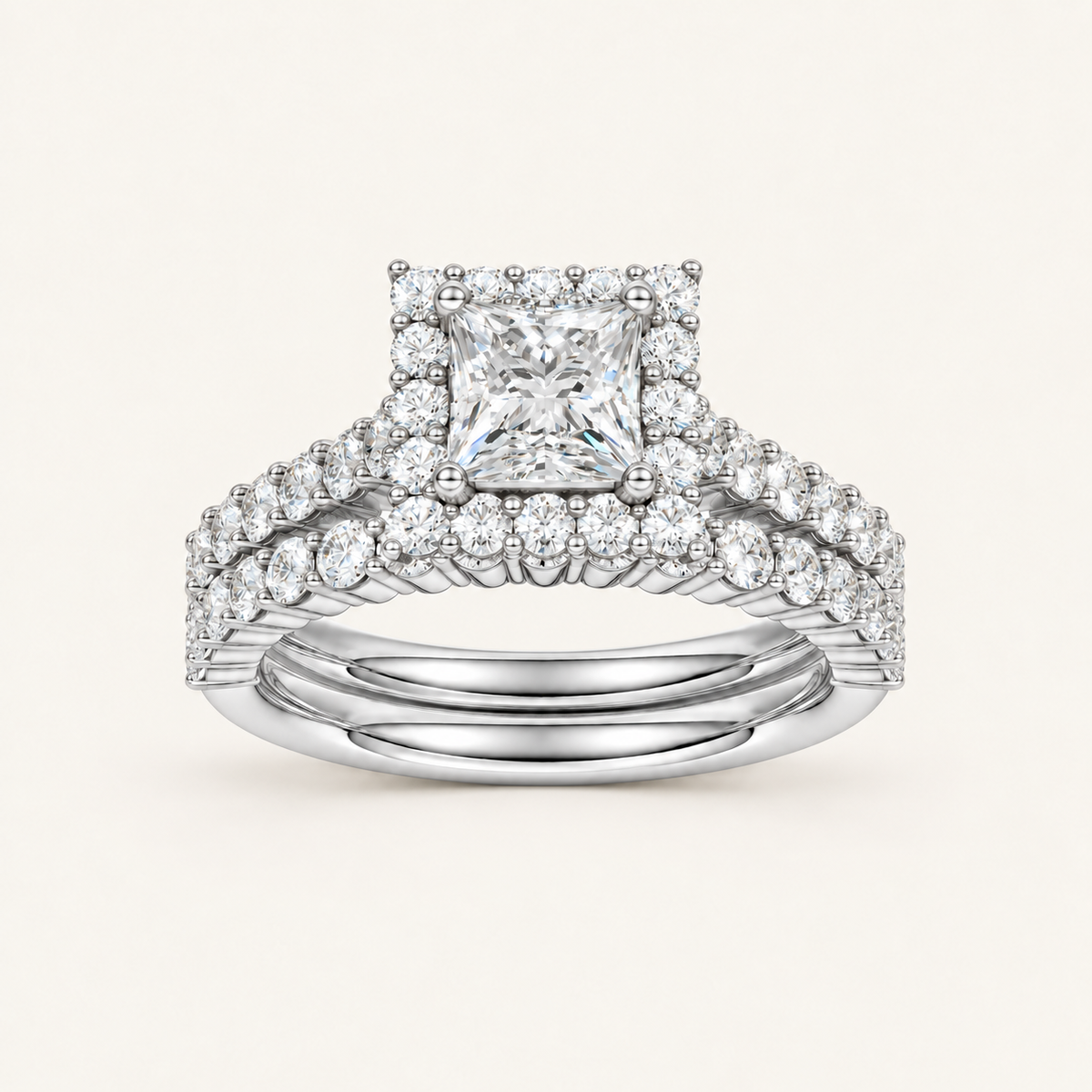 2.00CT Princess Cut Lab Grown Diamond Halo Bridal Set