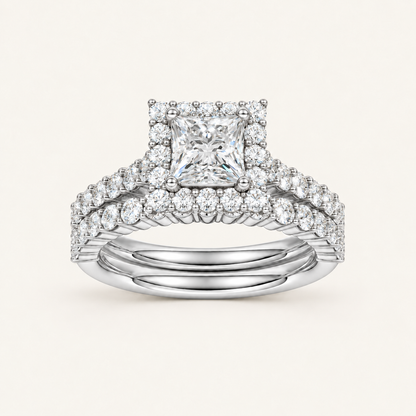 2.00CT Princess Cut Lab Grown Diamond Halo Bridal Set