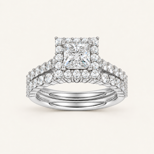 2.00CT Princess Cut Lab Grown Diamond Halo Bridal Set