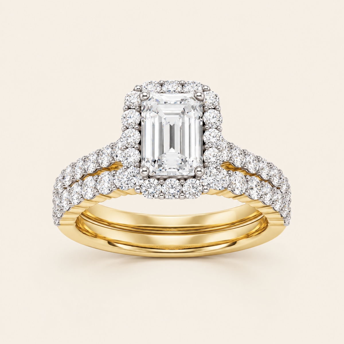 2.00CT Emerald Cut Lab Grown Diamond Halo Bridal Set