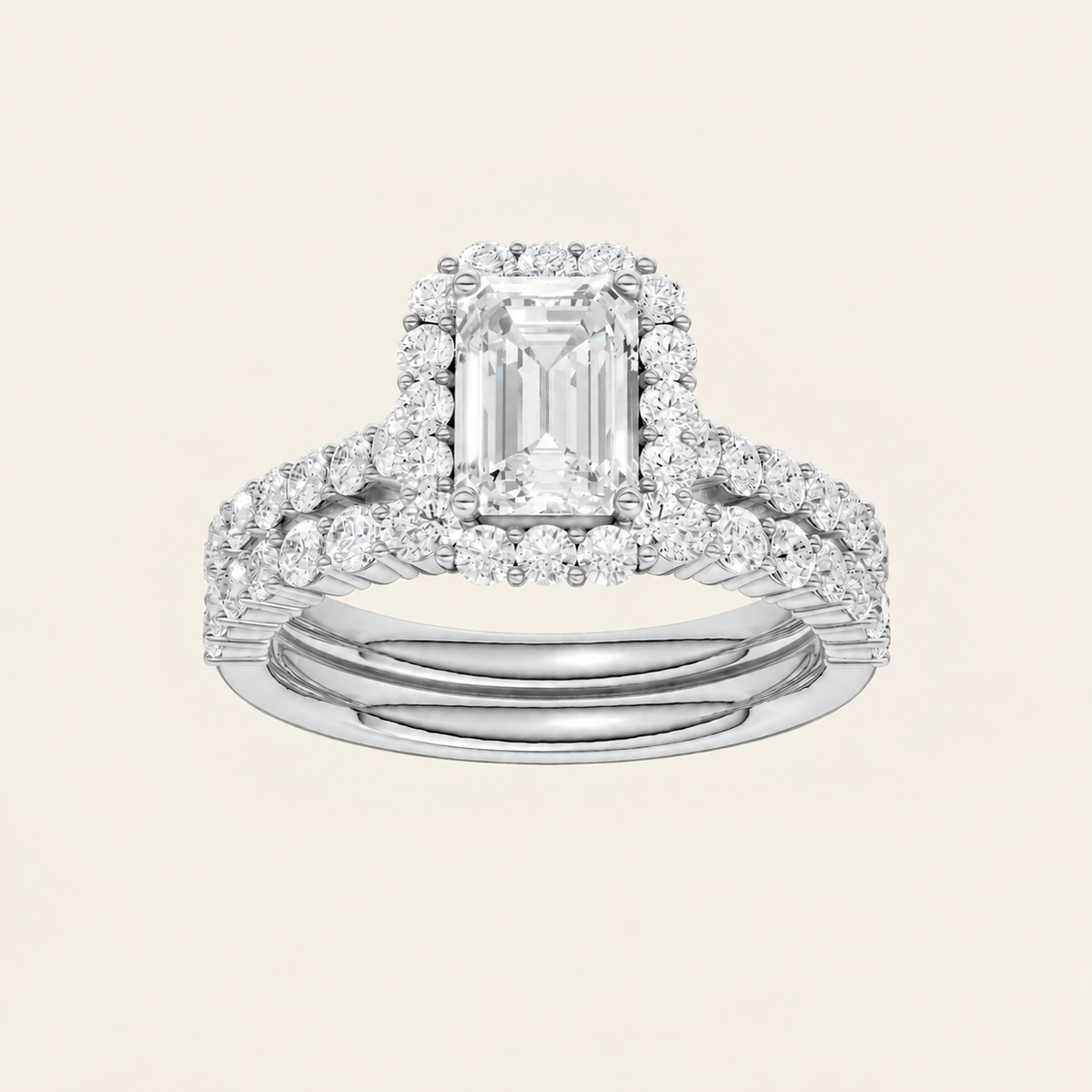 2.00CT Emerald Cut Lab Grown Diamond Halo Bridal Set