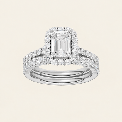2.00CT Emerald Cut Lab Grown Diamond Halo Bridal Set