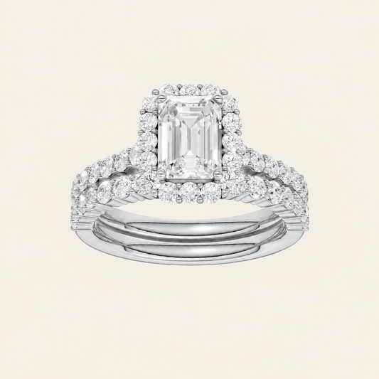 4.00CT Emerald Cut Lab Grown Diamond Halo Bridal Set