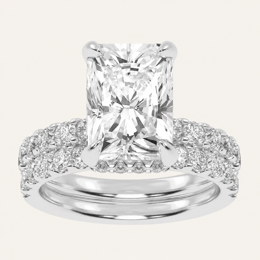 4.44CT Emerald Cut Lab Grown Diamond Doubble Halo Bridal Set