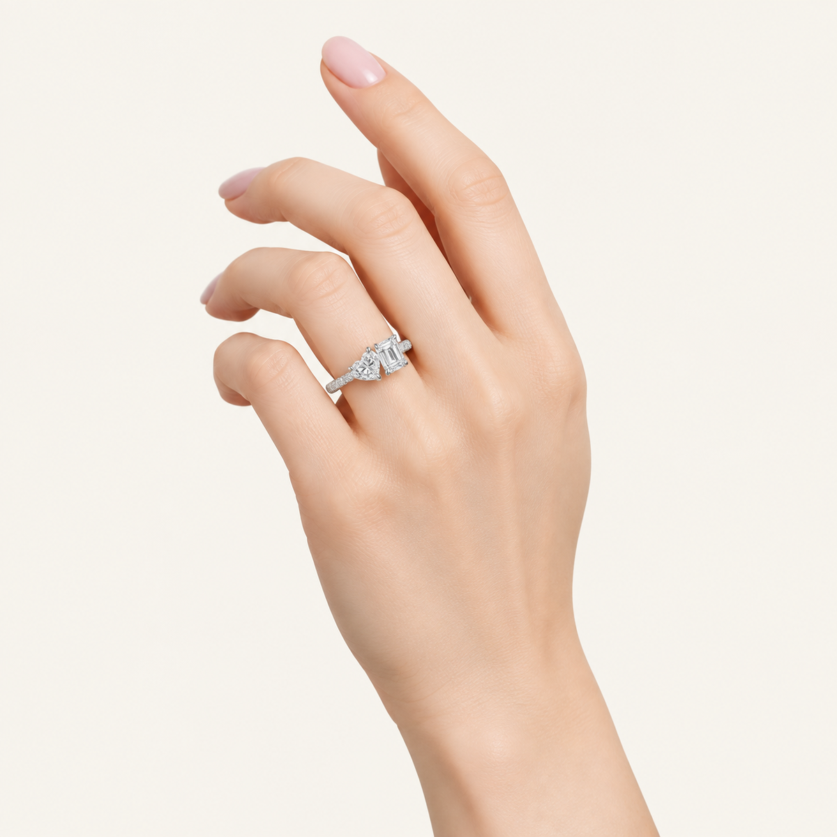 1.15CT Heart & Emerald Cut Lab Grown Diamond Toi et Moi Ring