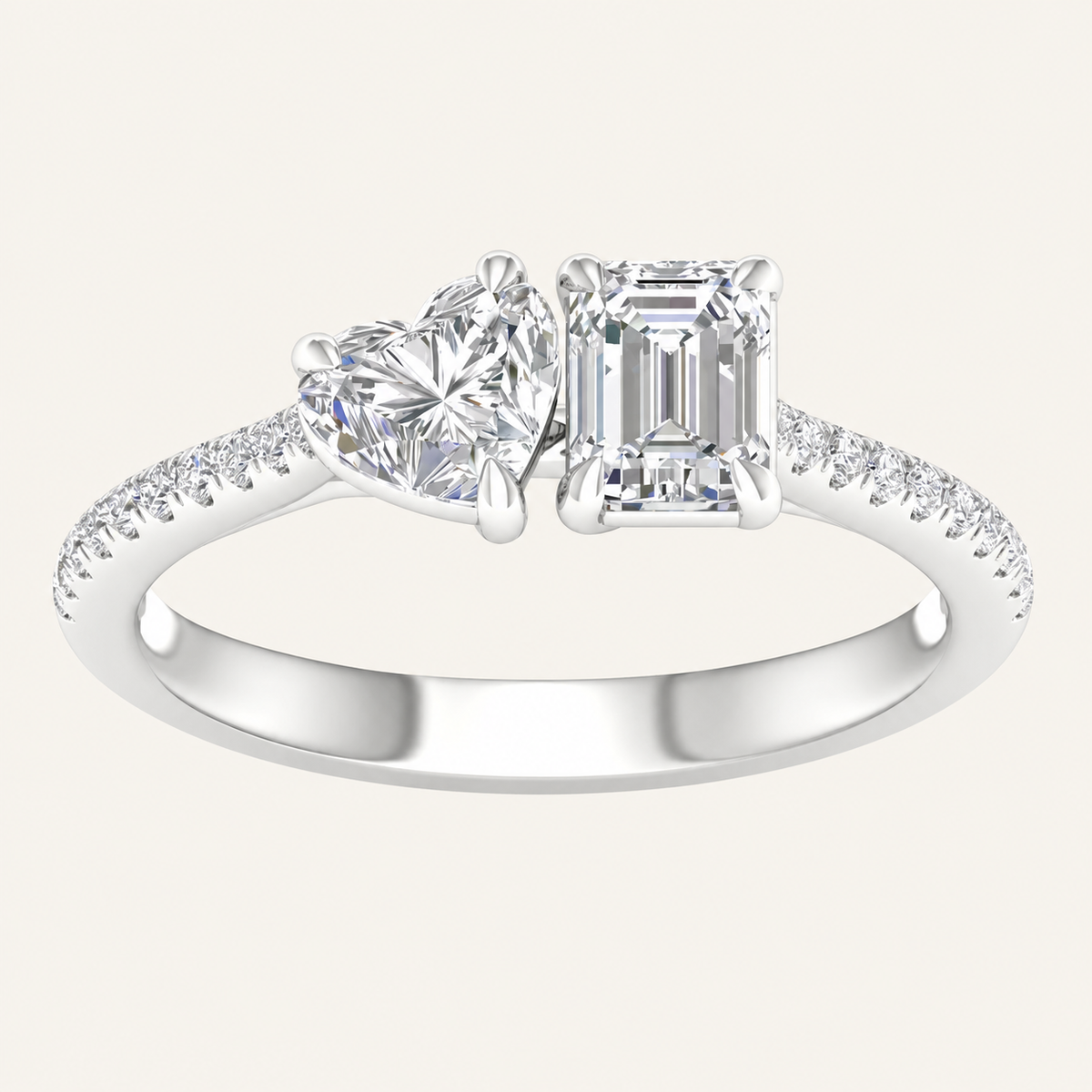 1.15CT Heart & Emerald Cut Lab Grown Diamond Toi et Moi Ring