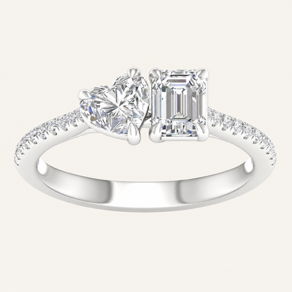 1.15CT Heart & Emerald Cut Lab Grown Diamond Toi et Moi Ring