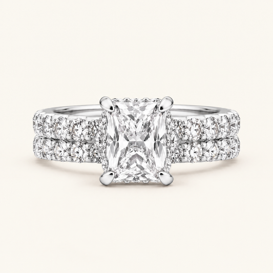 4.44CT Emerald Cut Lab Grown Diamond Double hidden Halo bridal Set