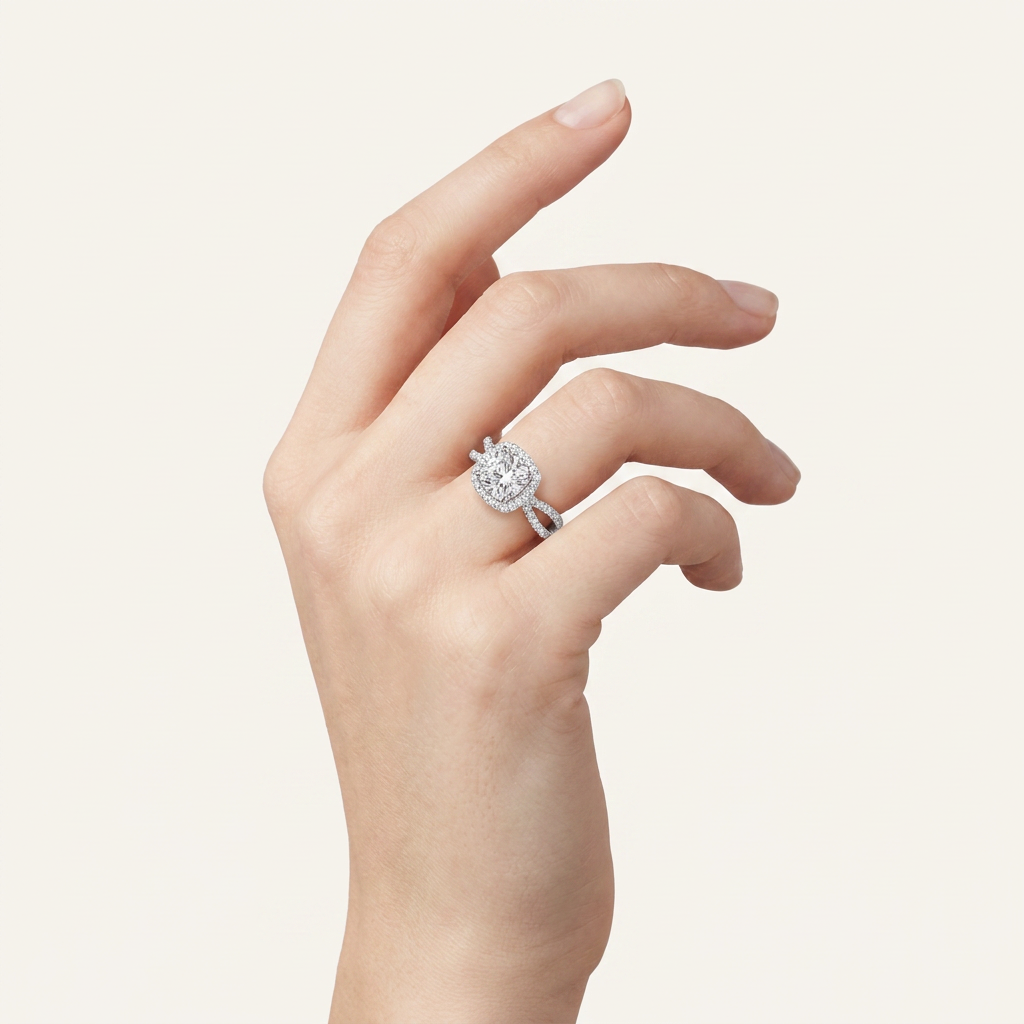 2CT Elongated Cushion Cut Lab Grown Diamond Halo Side Stone Ring