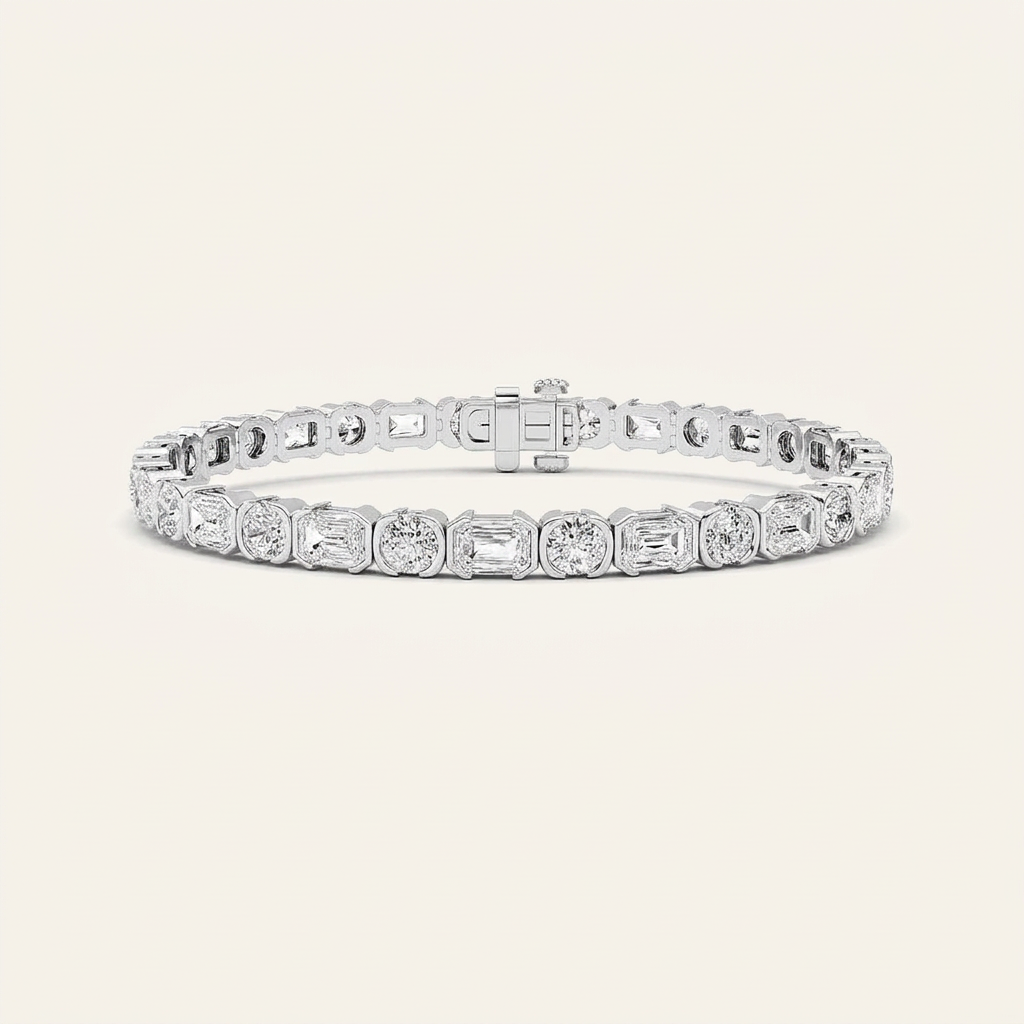 13CT Emerald And Round Cut Lab Grown Diamond Bezel Set Tennis Bracelet