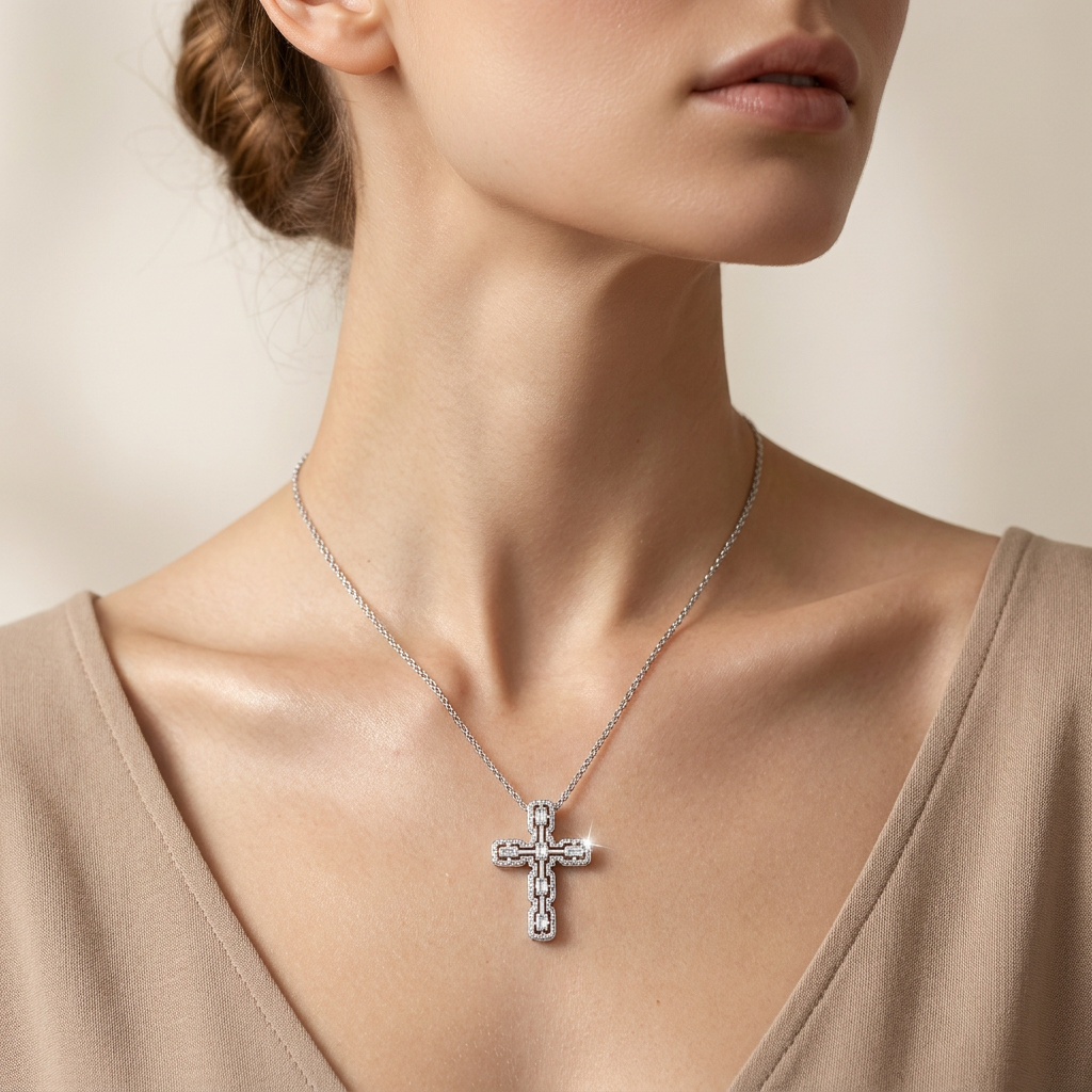 3 Ct Emerald Cut Lab Grown Diamond Cross Pendant