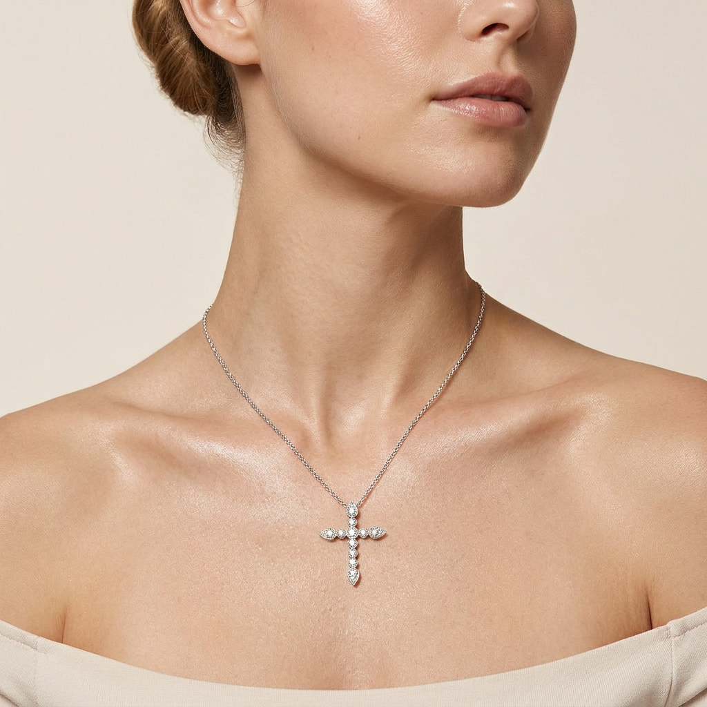 1.50 Ct Pear And Round Cut Lab Grown Diamond Cross Pendant