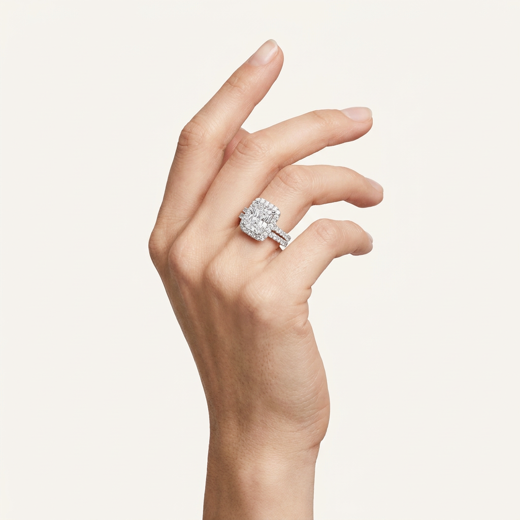 4.00CT Radiant Cut Lab Grown Diamond Halo Bridal Set