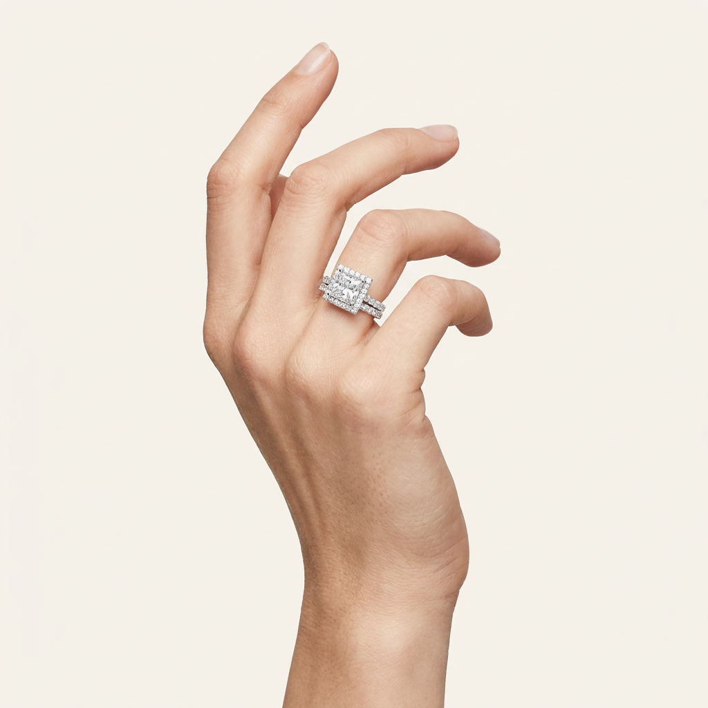 4.00CT Princess Cut Lab Grown Diamond Halo Bridal Set